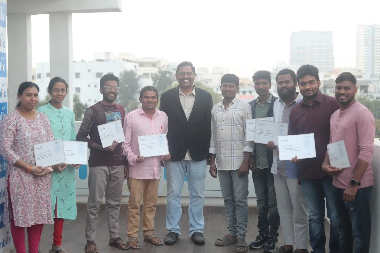 Emblix Academy digital marketing course graduates on award day at the KPHB campus in Hyderabad