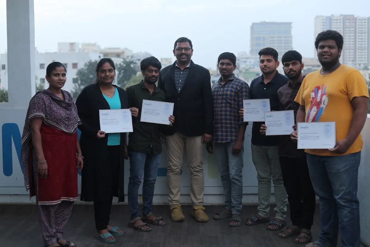 Emblix Academy digital marketing course batch on certification day in Hyderabad