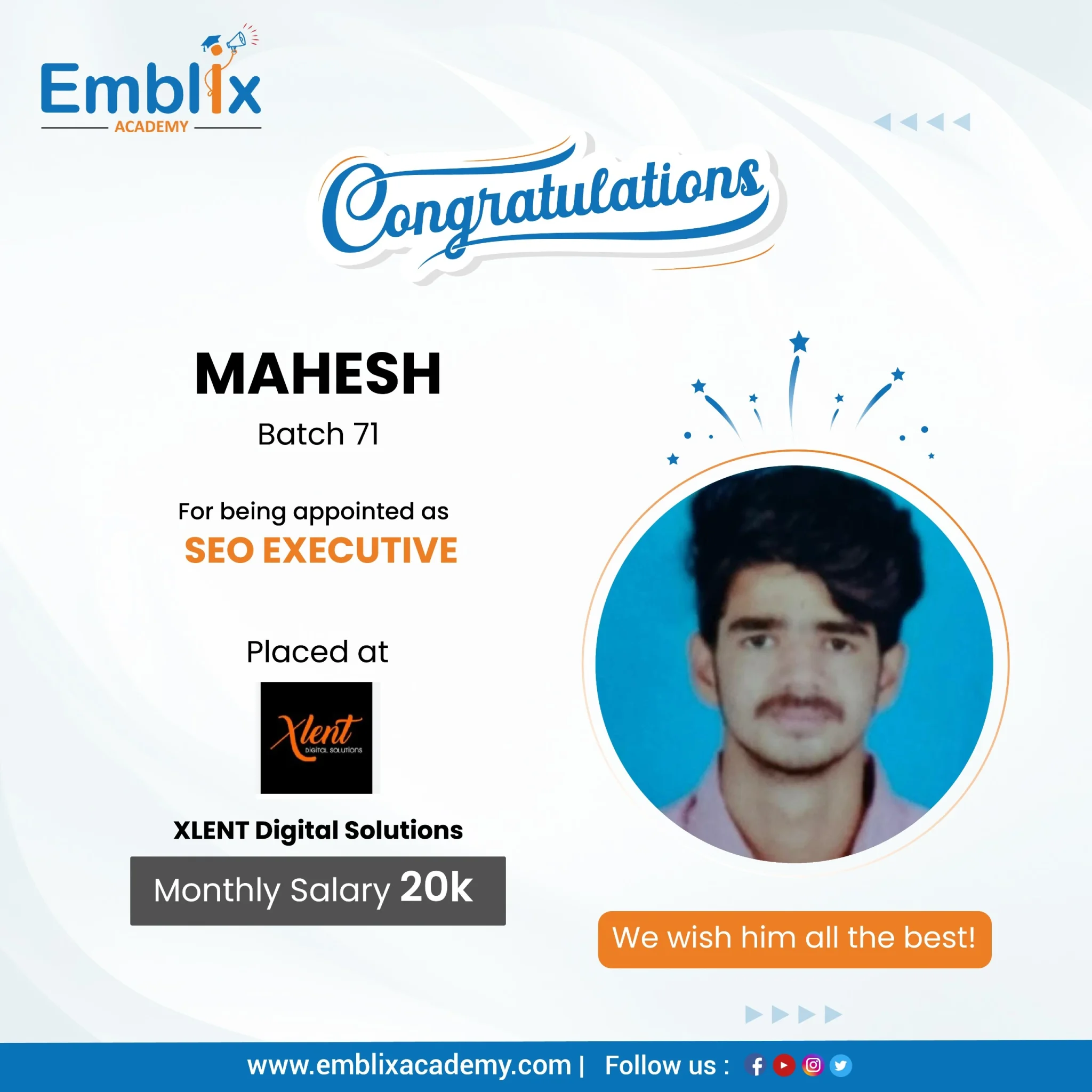 Reddy Mouli placed at Cogent — Emblix Academy alumni