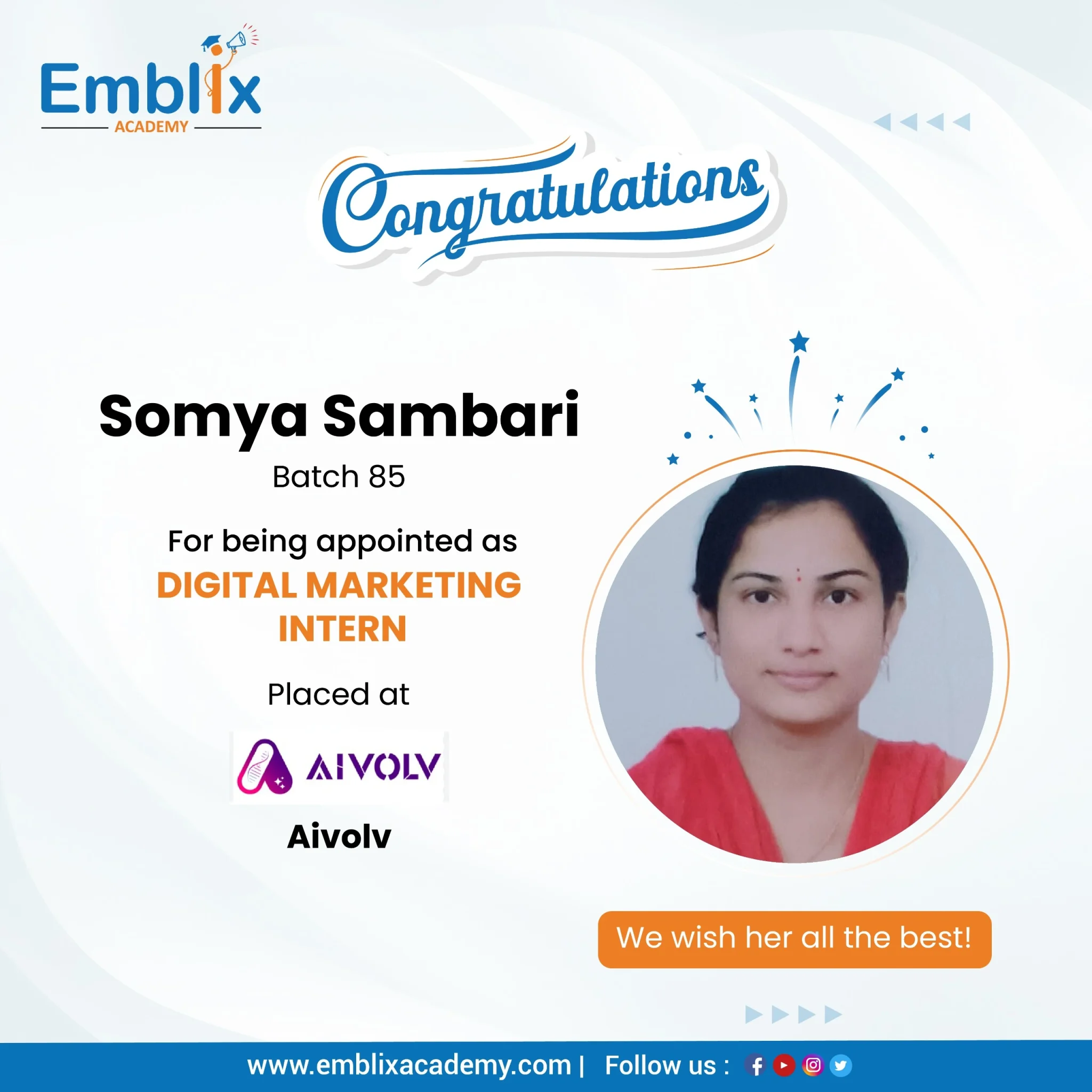 Radhika placed at PrimEra — Emblix Academy alumni