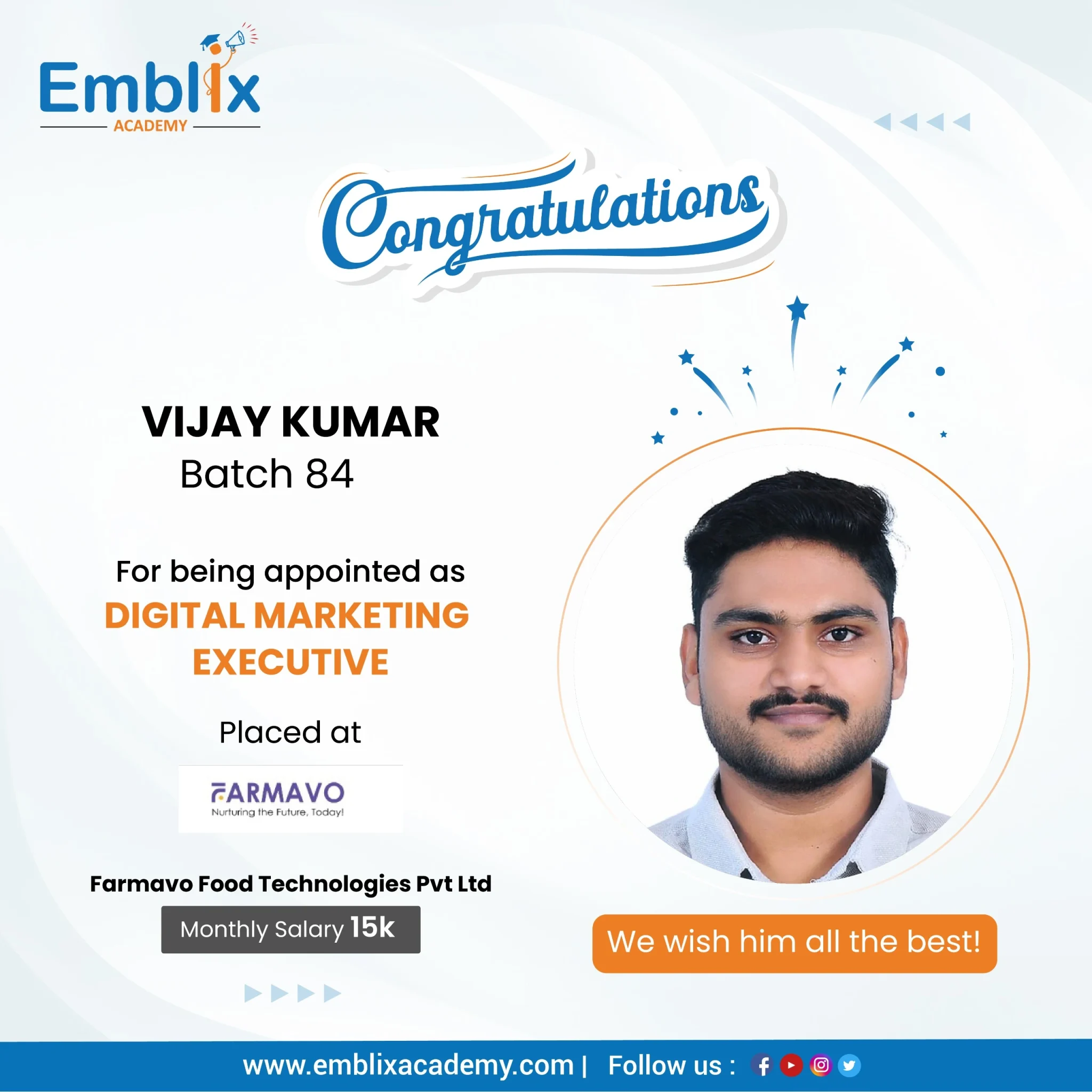 Hemanth Kumar placed at Malyon — Emblix Academy alumni