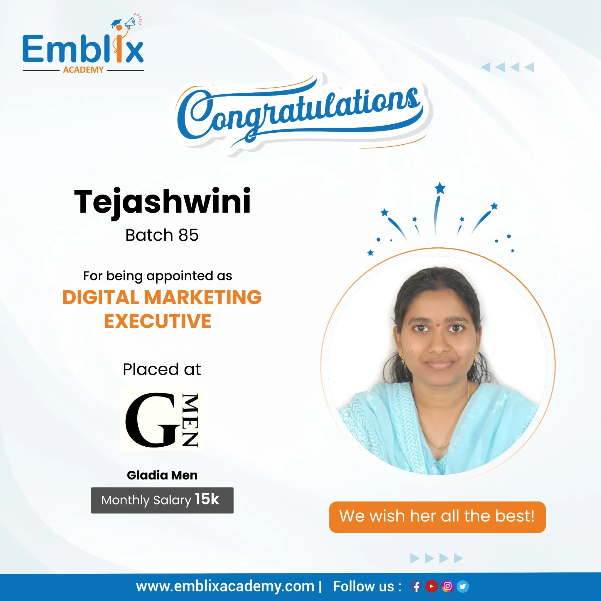 Gopi Alladi placed at Punarjan — Emblix Academy alumni