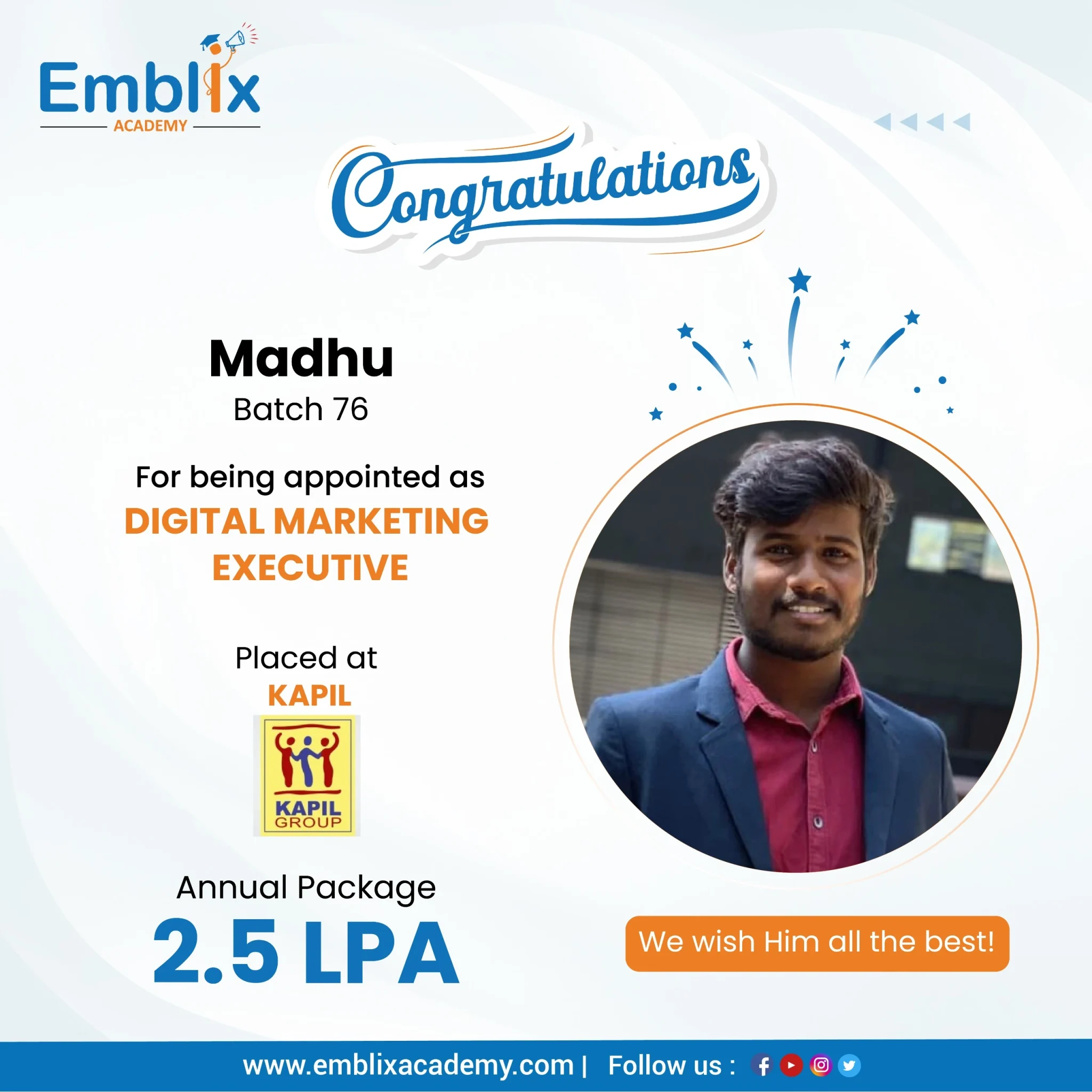 Teja placed at Politico — Emblix Academy alumni